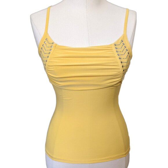 Vintage Y2K Yellow Cami Top Ruched Cowl Neck Studded Spaghetti Strap Stretch S - Picture 1 of 6